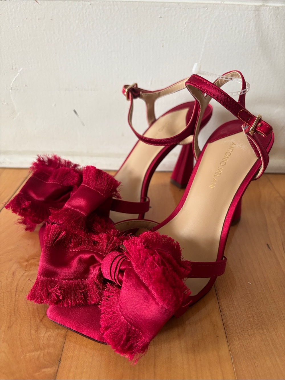 ANTONIO MELANI Ruby Red Satin Bow Fringe Ankle-Strap Heels